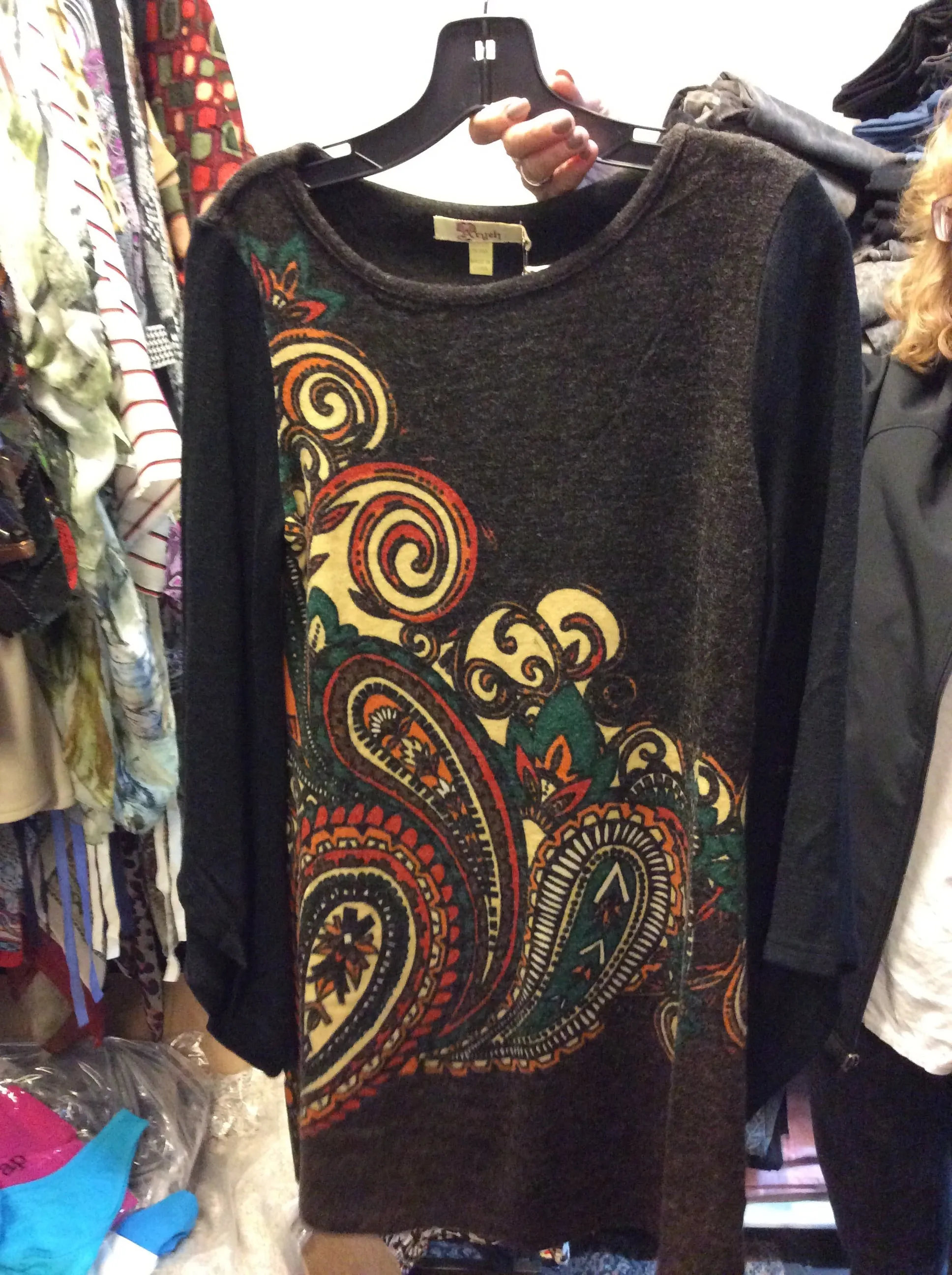 Dress-Black and brown swirl pattern on winter knit dress