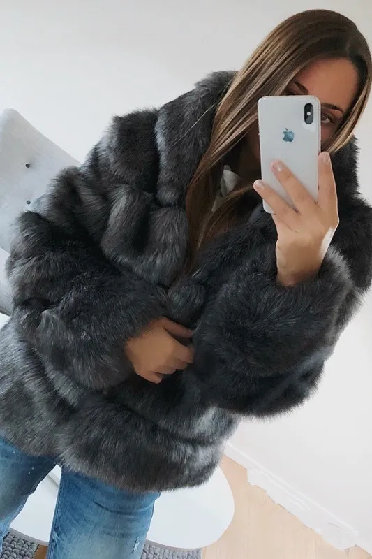 Dunnmall Hooded Warm Faux Fur Collar Coat