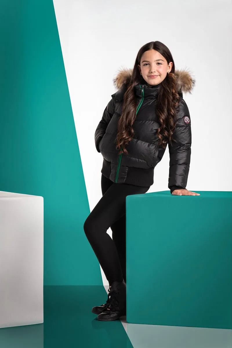 Ellabee Black/Mint Accent With Natural Racoon Fur Celine Bomber Coat