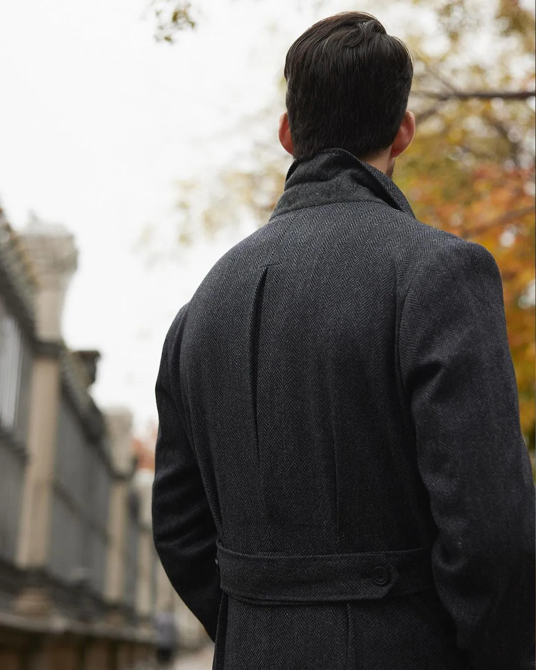 EThomas Wool Cashmere: Dark Grey Herringbone Over Coat