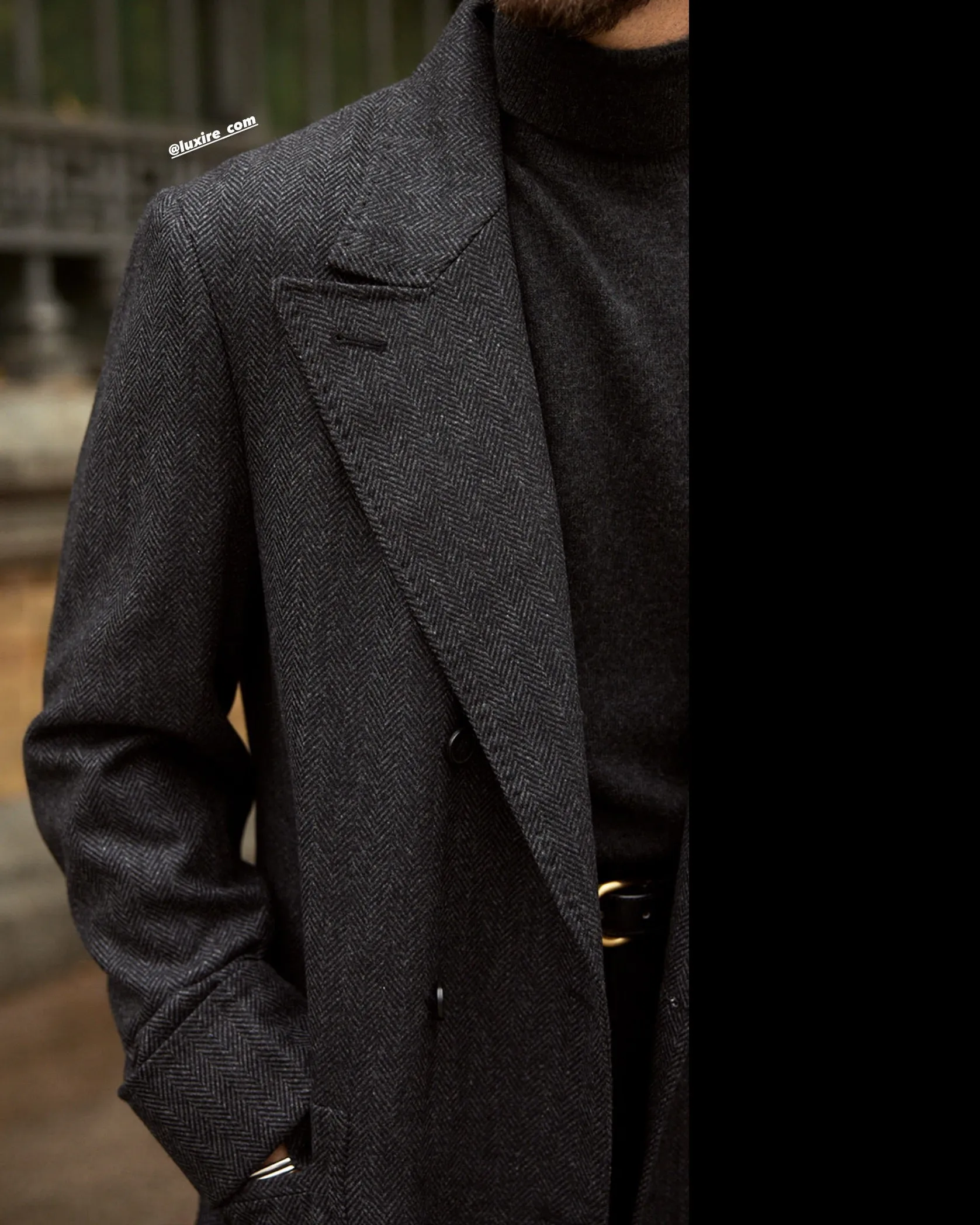 EThomas Wool Cashmere: Dark Grey Herringbone Over Coat