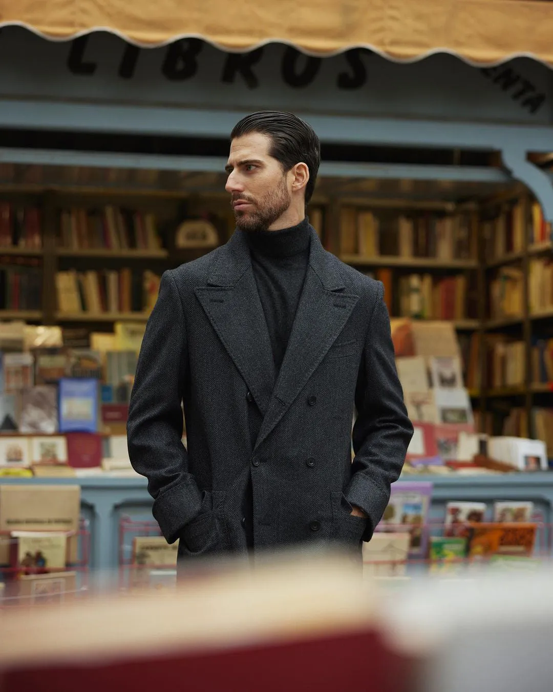 EThomas Wool Cashmere: Dark Grey Herringbone Over Coat