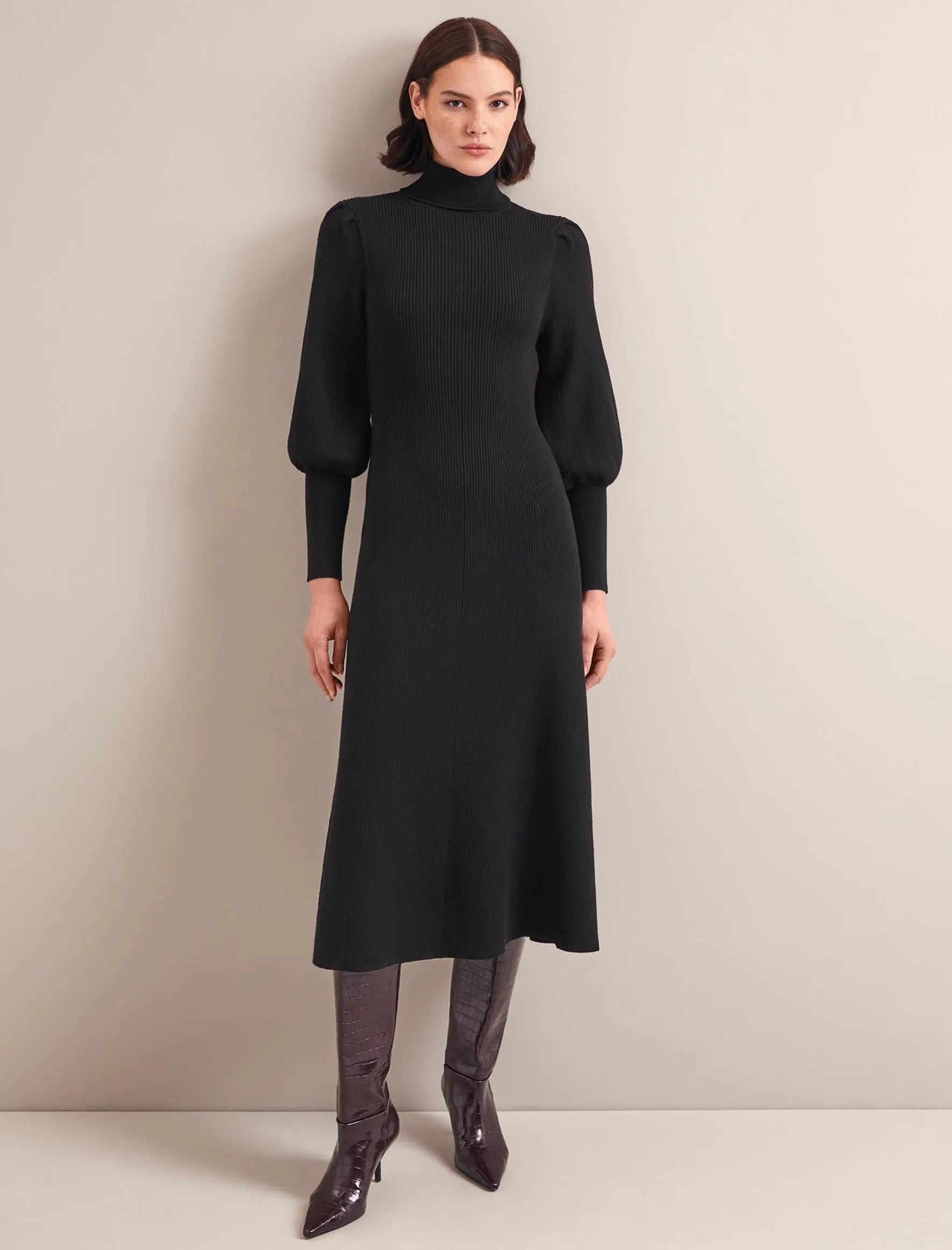 Eva Merino Wool Roll Neck Dress - Black