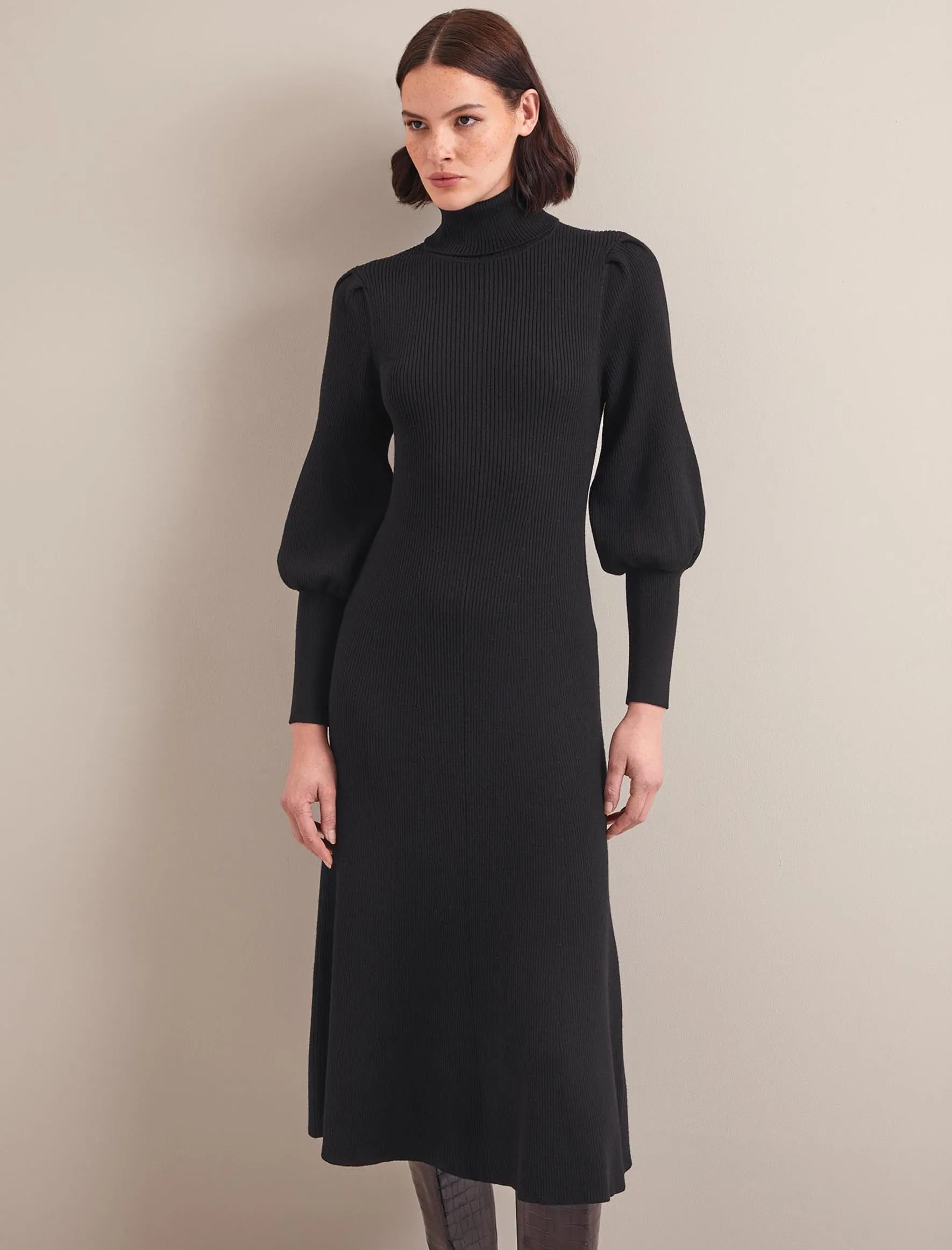 Eva Merino Wool Roll Neck Dress - Black