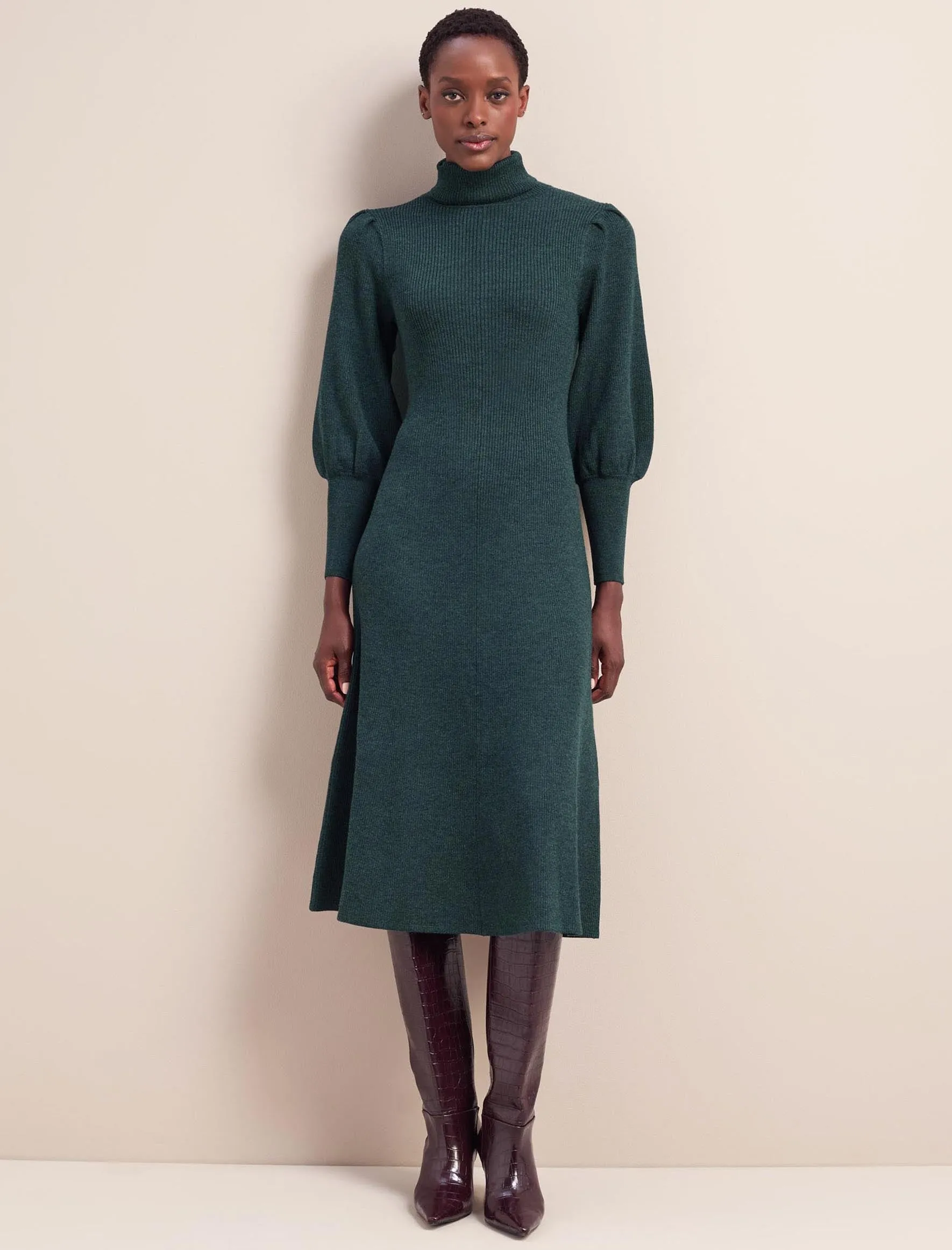 Eva Merino Wool Roll Neck Dress - Dark Green