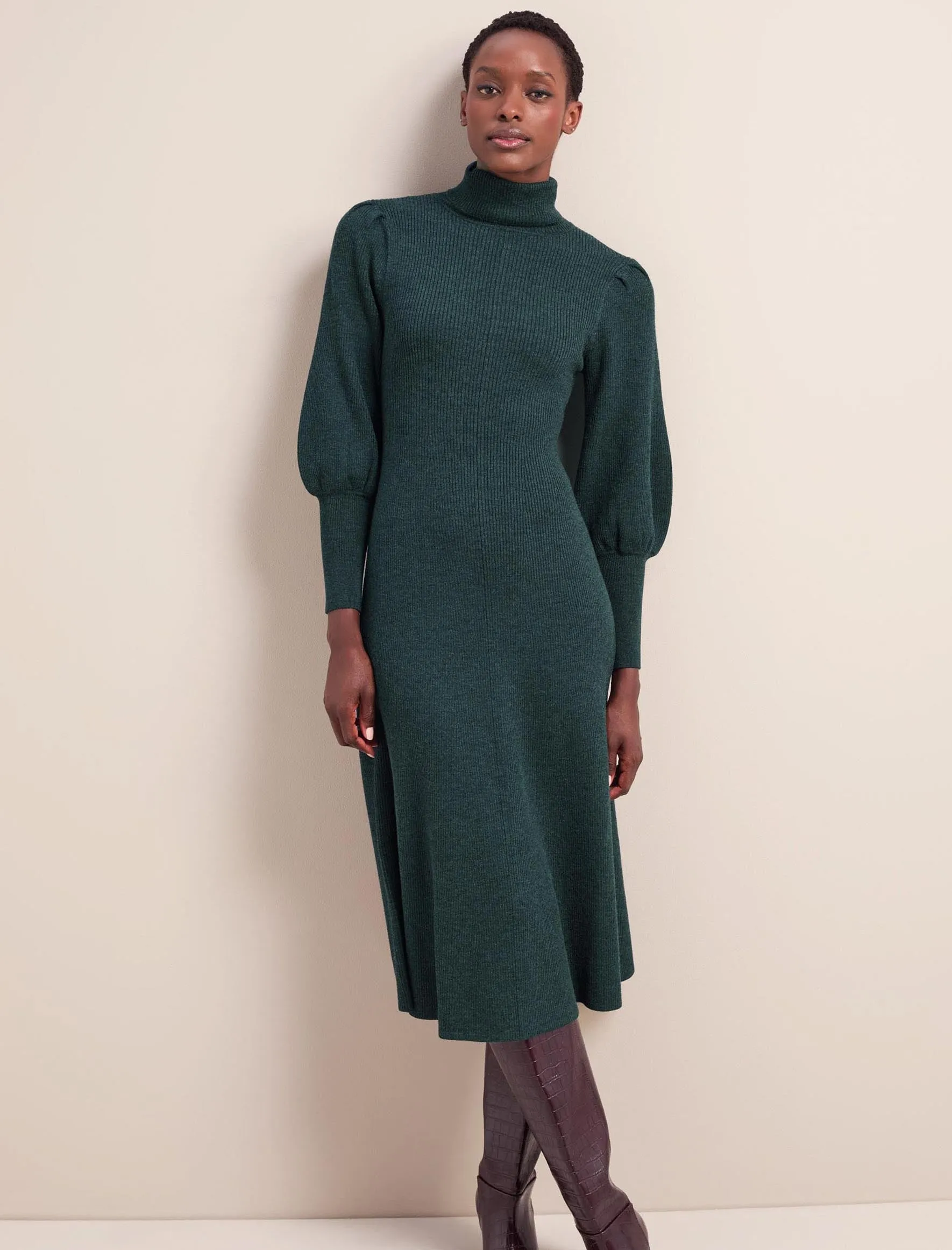 Eva Merino Wool Roll Neck Dress - Dark Green