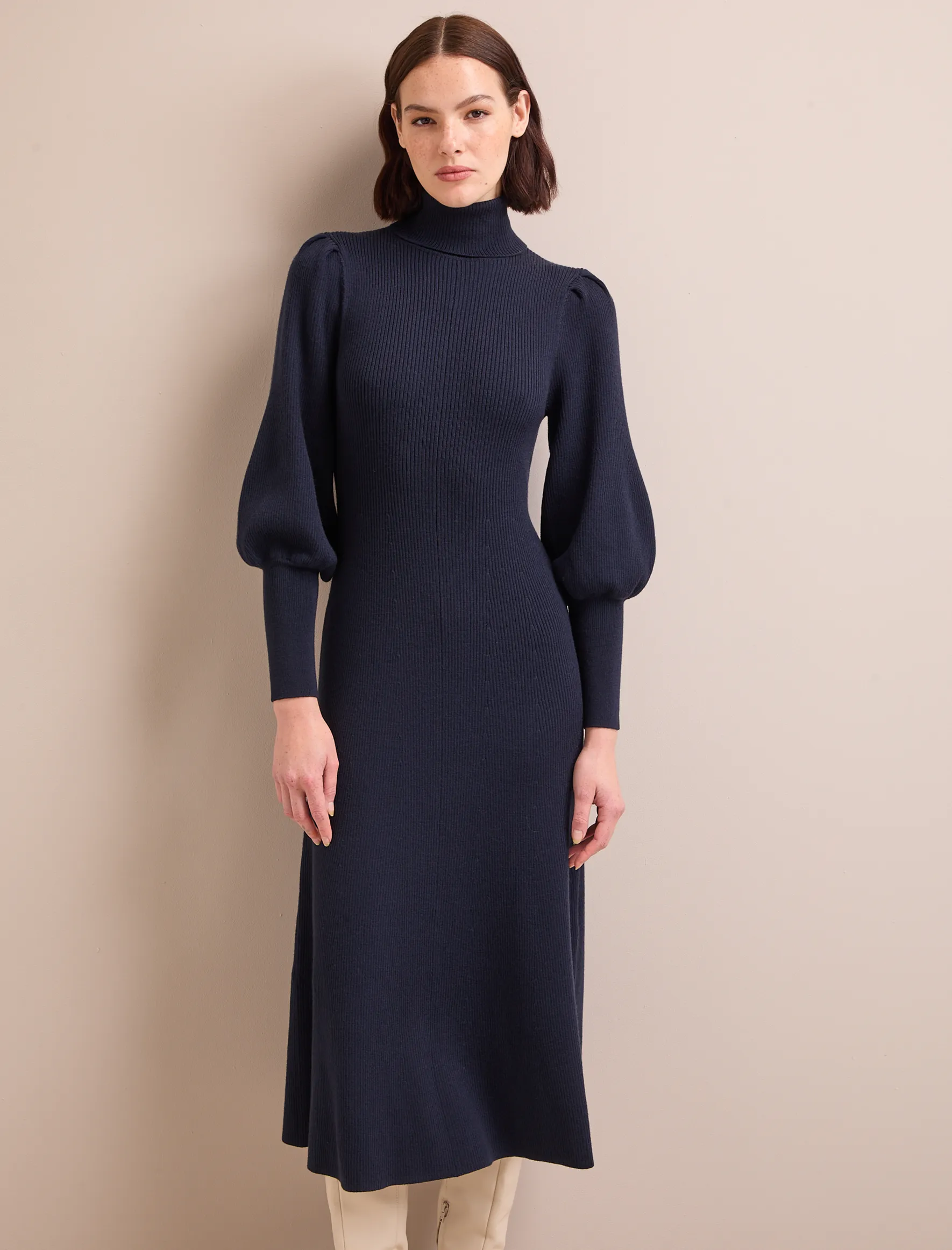 Eva Merino Wool Roll Neck Dress - Navy