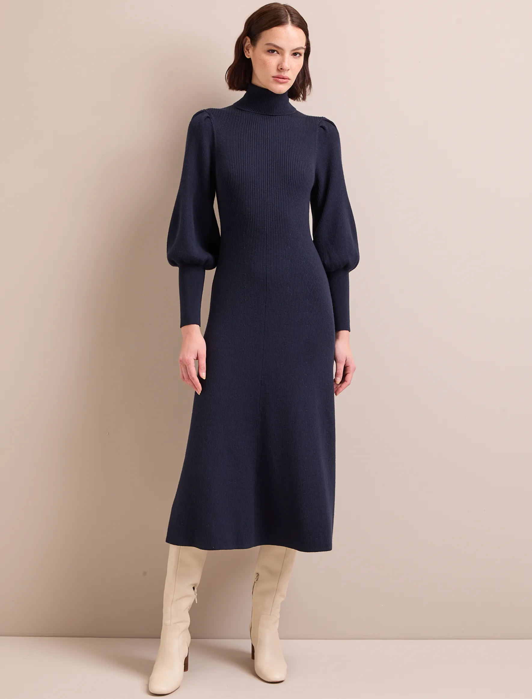 Eva Merino Wool Roll Neck Dress - Navy