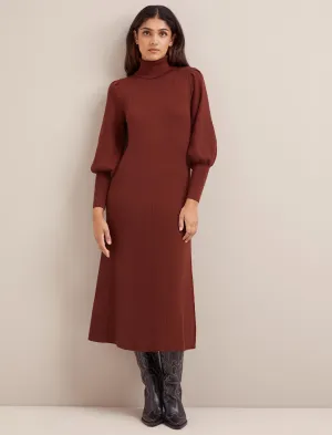 Eva Merino Wool Roll Neck Dress - Rust