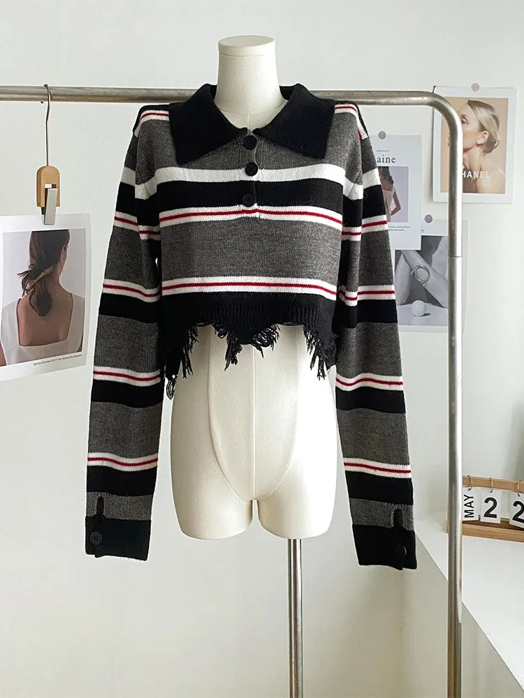 Fall Winter Woman Korean Fashion Baddie Style Long Sleeve Streetwear Jumper Knitwears Polo Collar Cropped Sweaters Vintage Chic