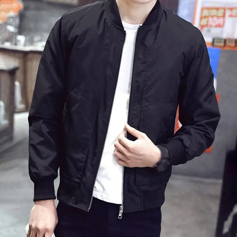 Fashion Zip Jacket Tops Slim Fit Solid Black Stand Collar Long Sleeve Casual Pilot Baseball Jackets Coat Male Clothing For Men