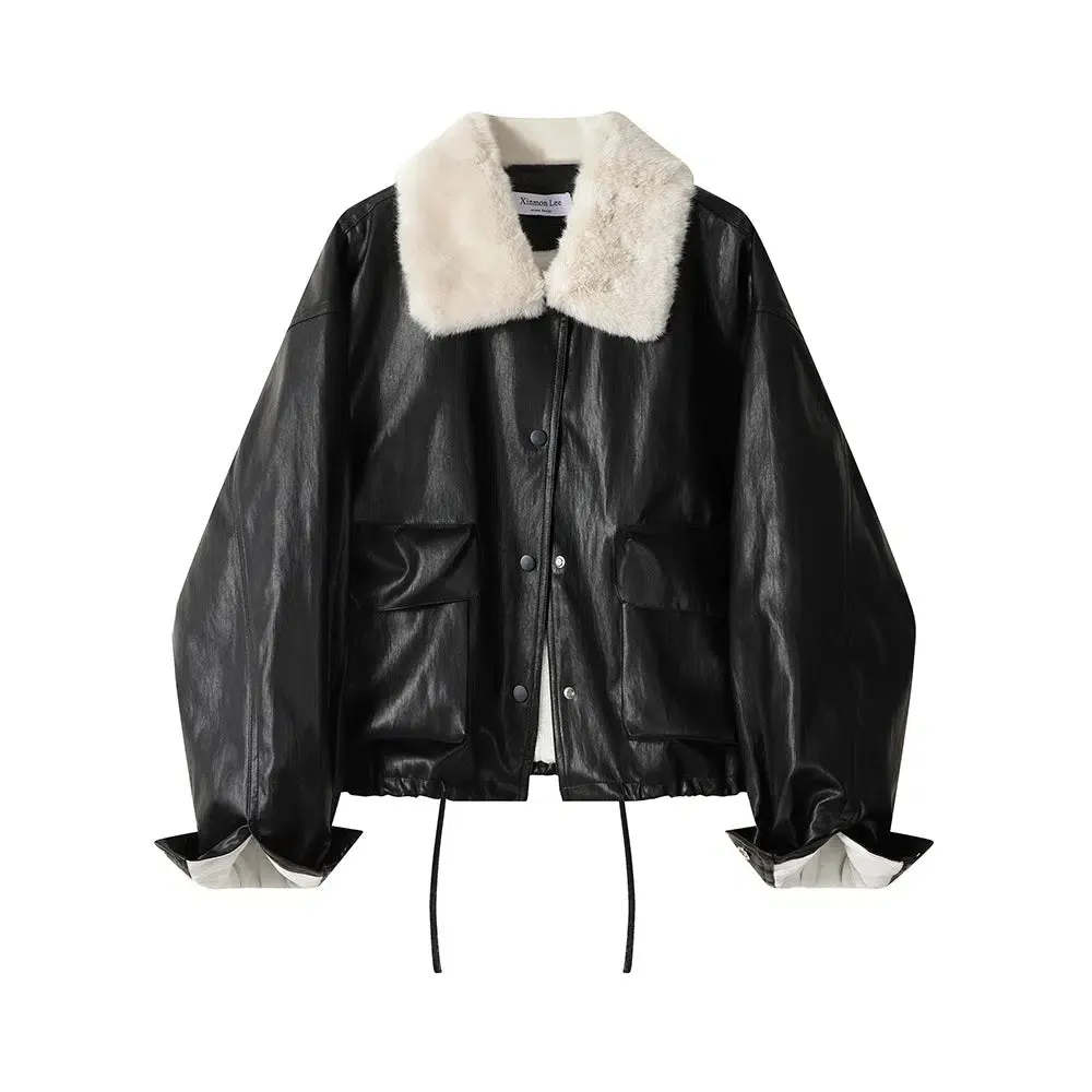 Faux Fur Collar Faux Leather Coat