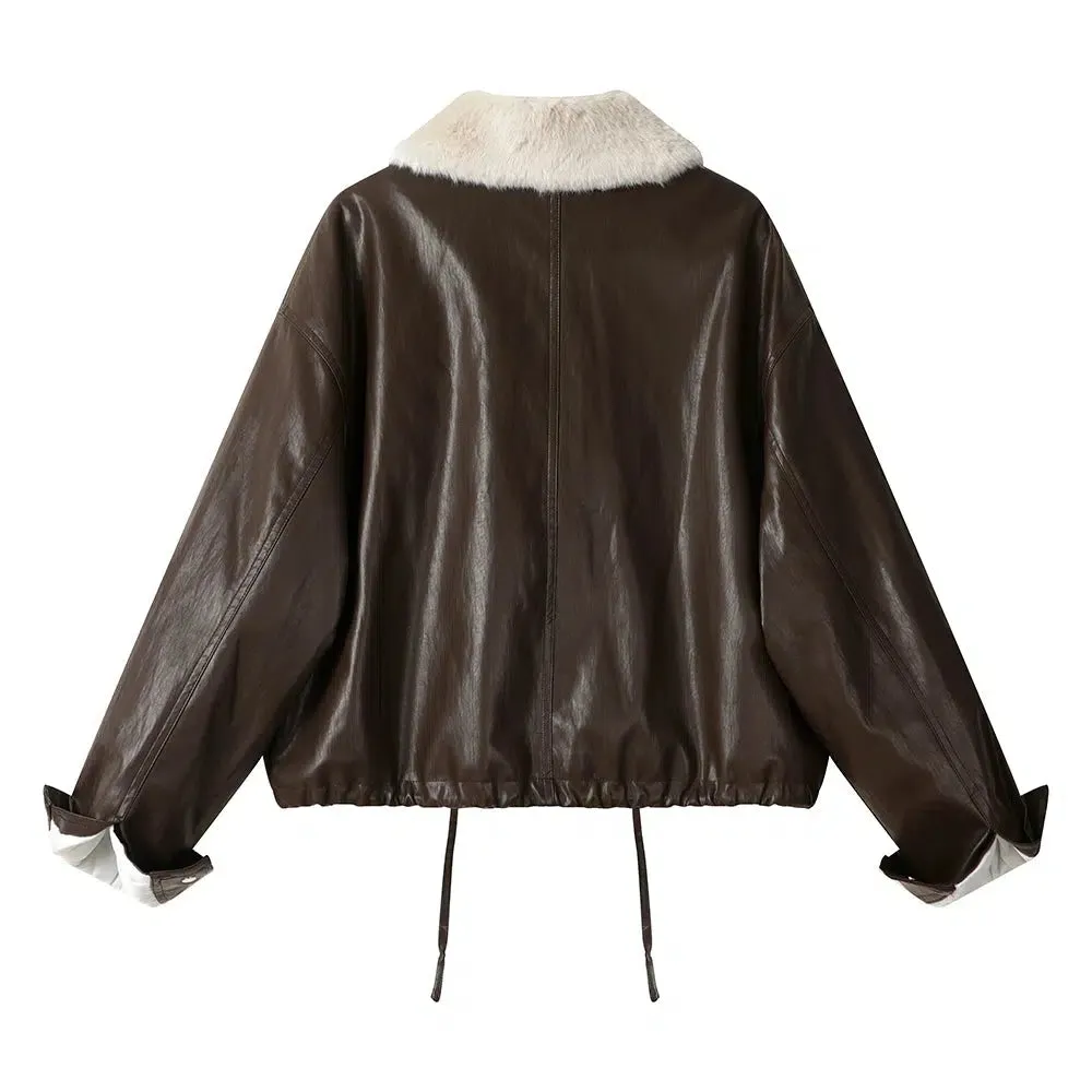 Faux Fur Collar Faux Leather Coat