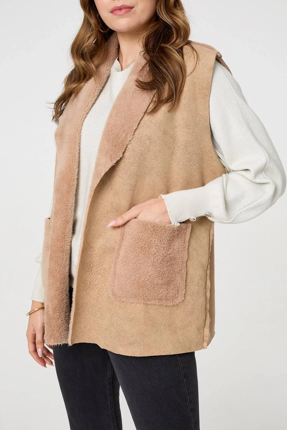 Faux Fur Lined Suede Pocket Front Vest