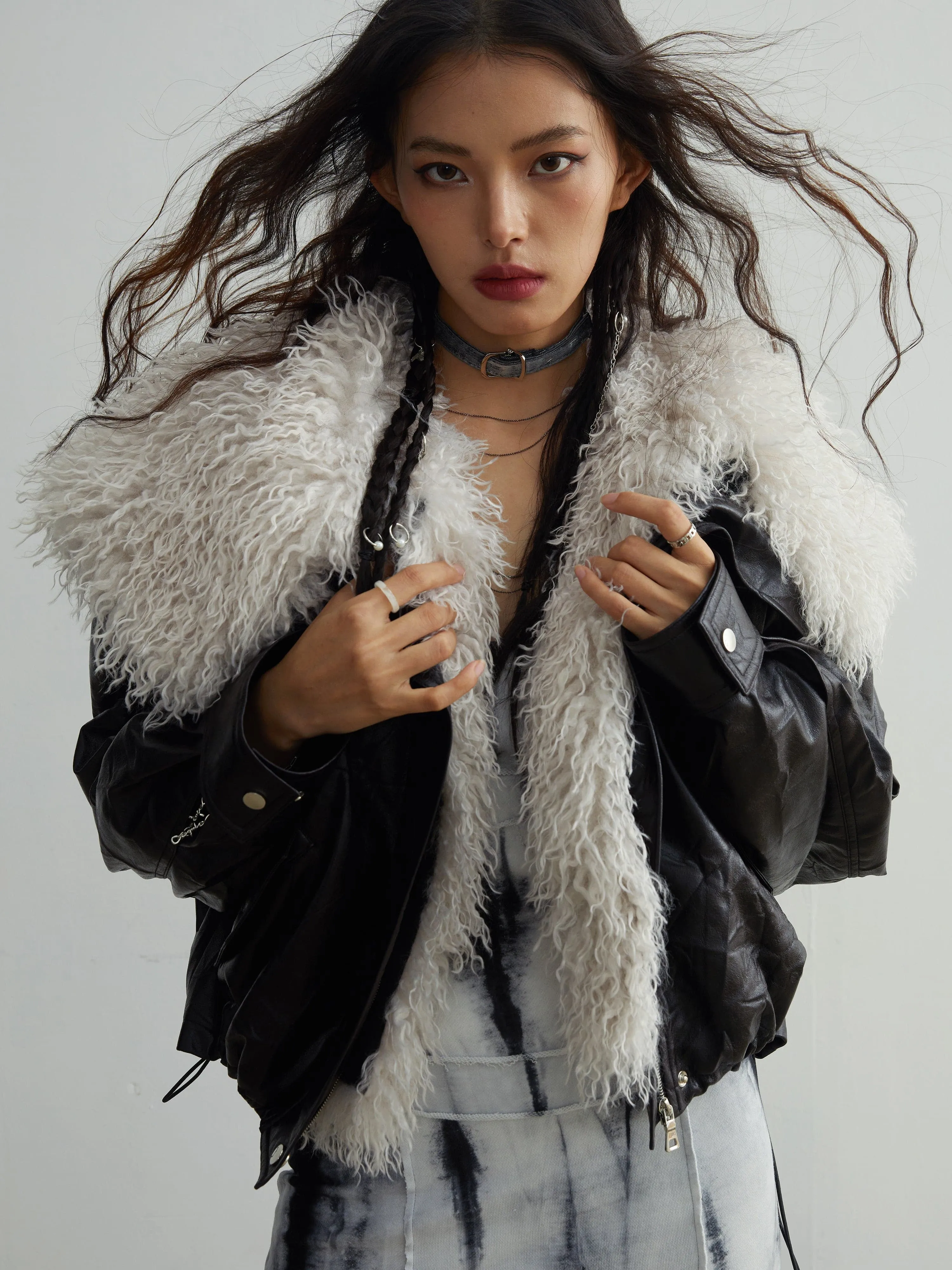 Faux Leather Jacket With Detachable Oversized Fur Collar