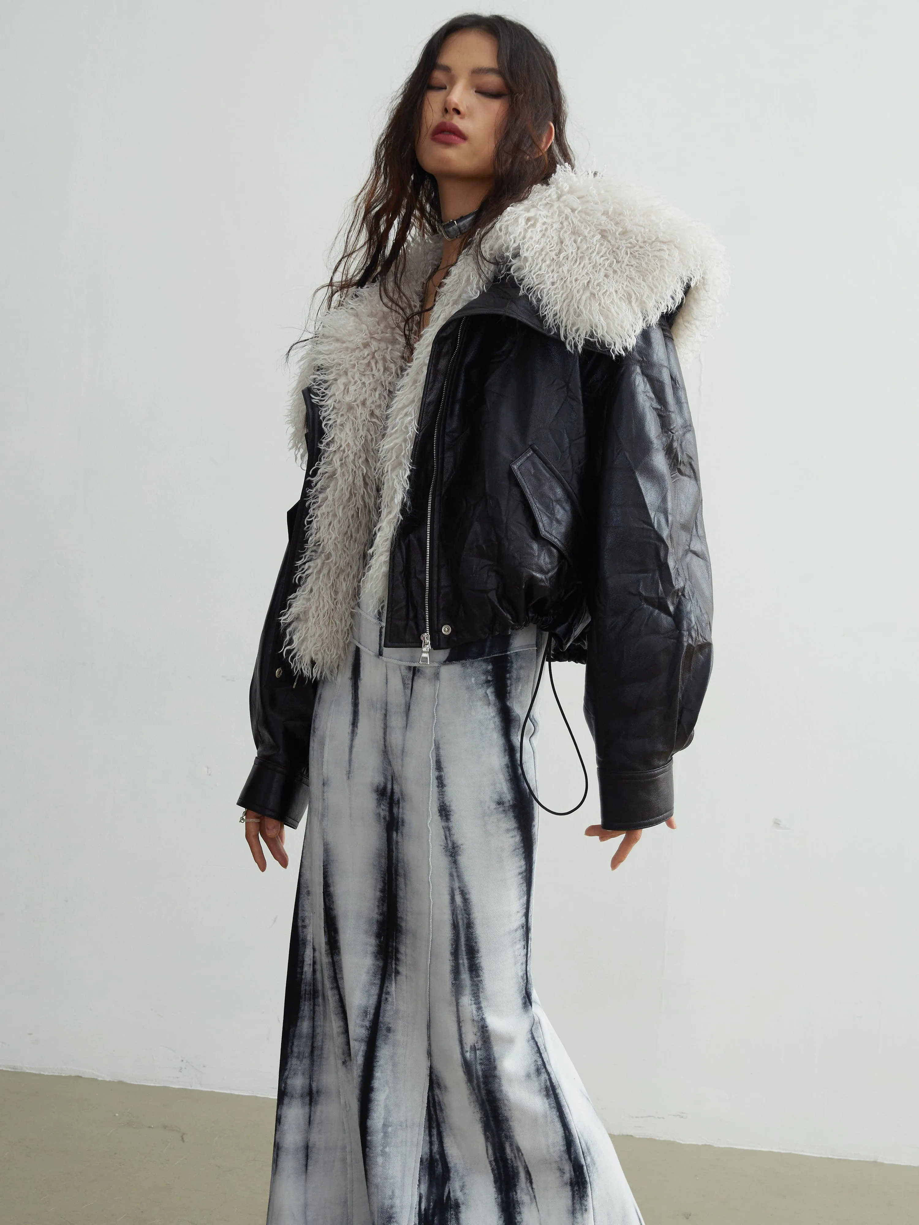 Faux Leather Jacket With Detachable Oversized Fur Collar