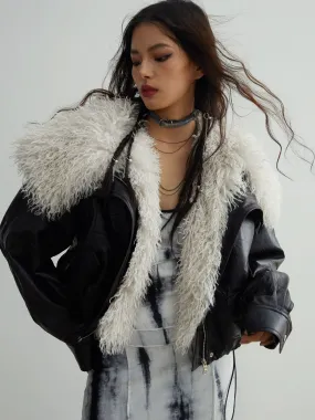 Faux Leather Jacket With Detachable Oversized Fur Collar