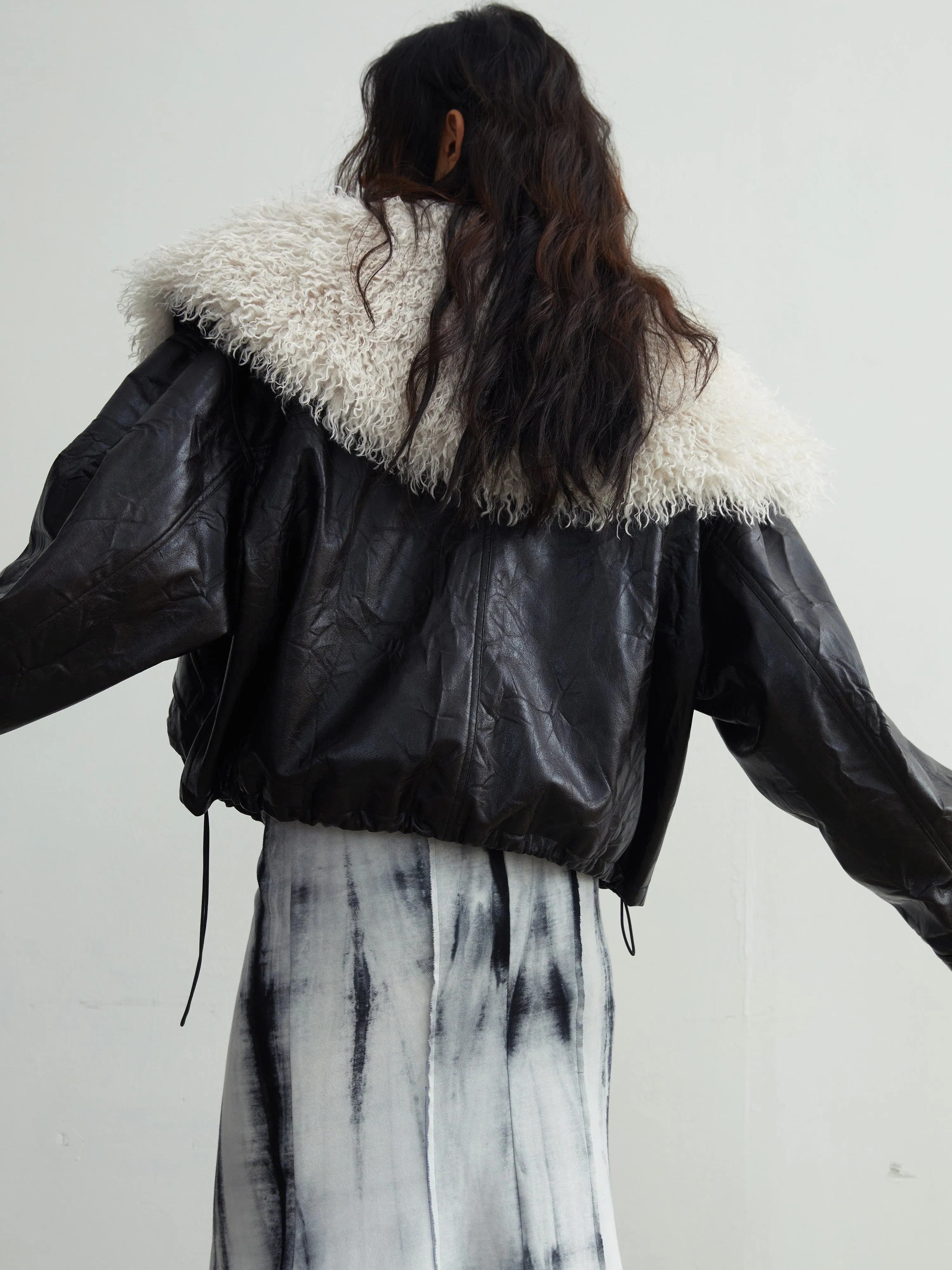 Faux Leather Jacket With Detachable Oversized Fur Collar