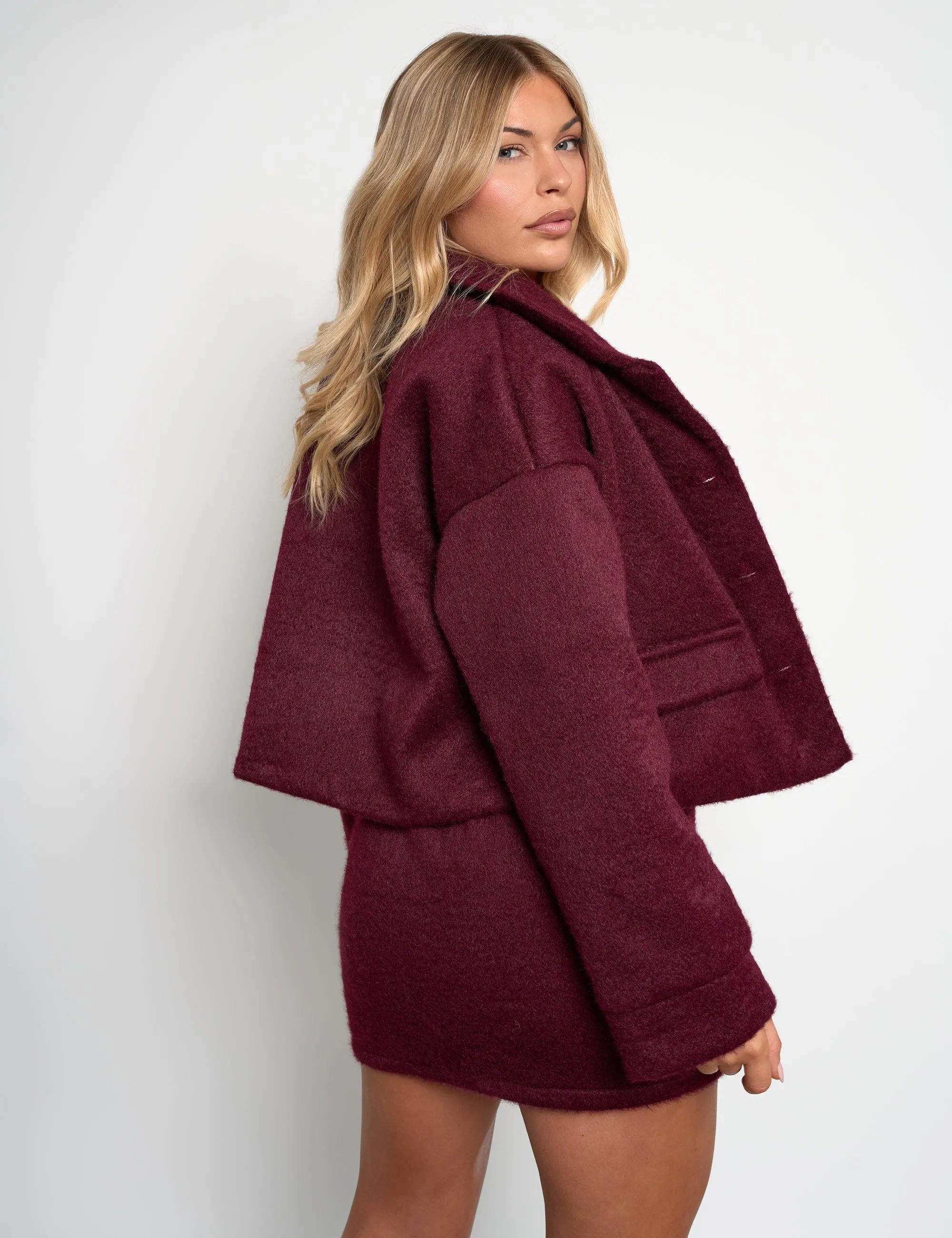 Faux Wool Gold Button Detail Jacket Co Ord Burgundy