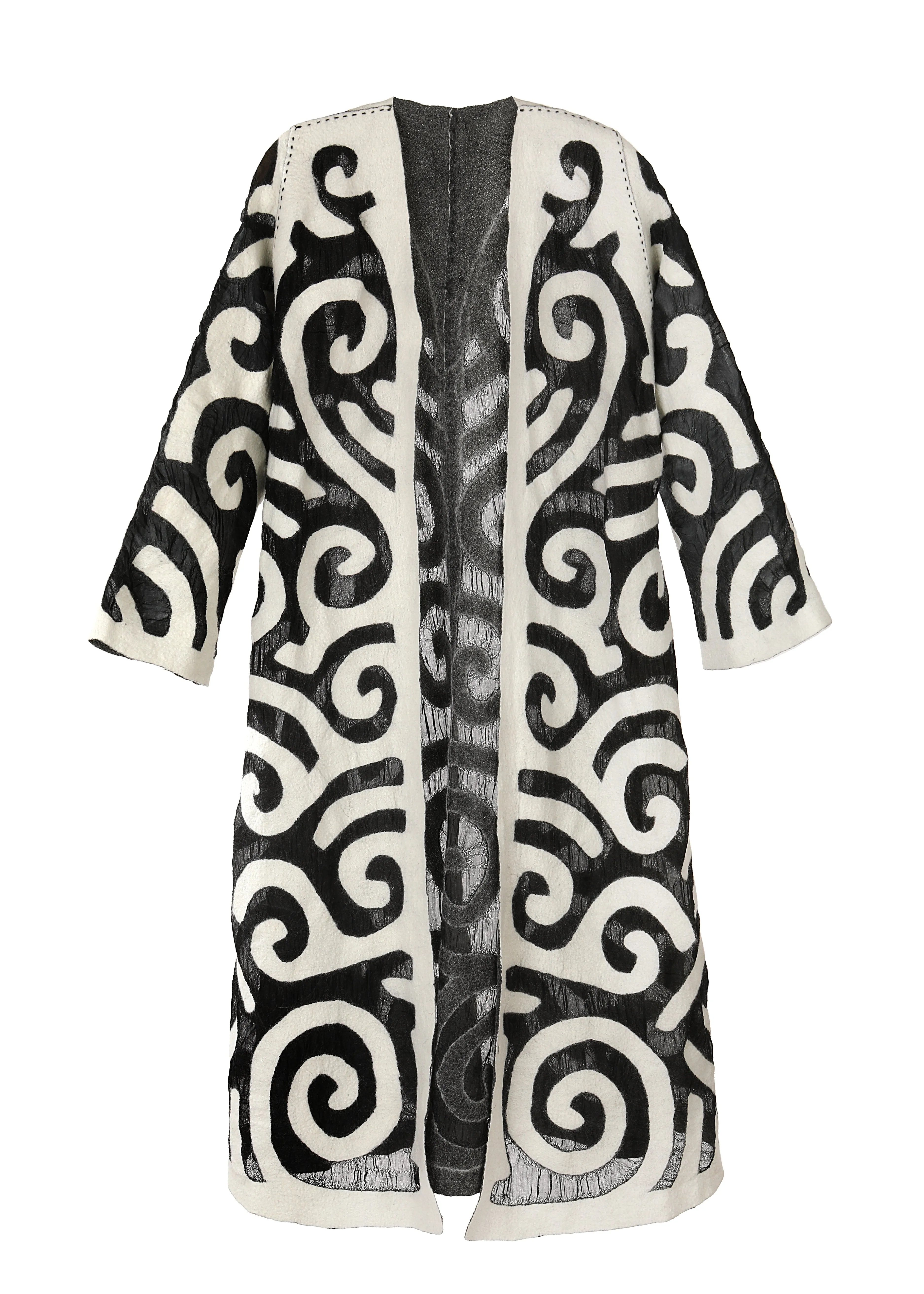 Felted Wool Coat from Kyrgyzstan - Long - Ivory and Black