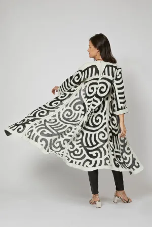 Felted Wool Coat from Kyrgyzstan - Long - Ivory and Black