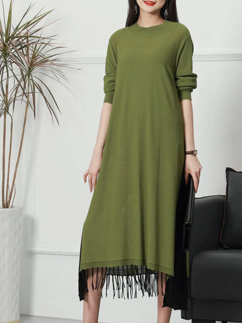 Female Knitted Long Sleeves Round Neck Middle Waist Midi-Dress