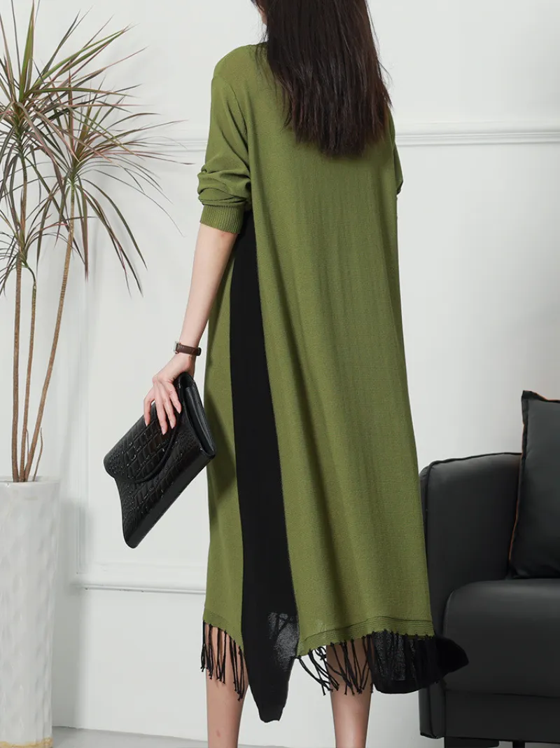 Female Knitted Long Sleeves Round Neck Middle Waist Midi-Dress