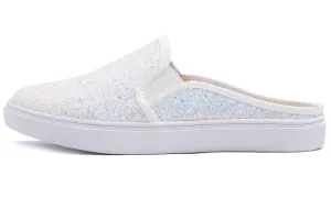 Feversole Women's Sport Mules Slip On Loafers Fashion Backless Sneakers White Glitter