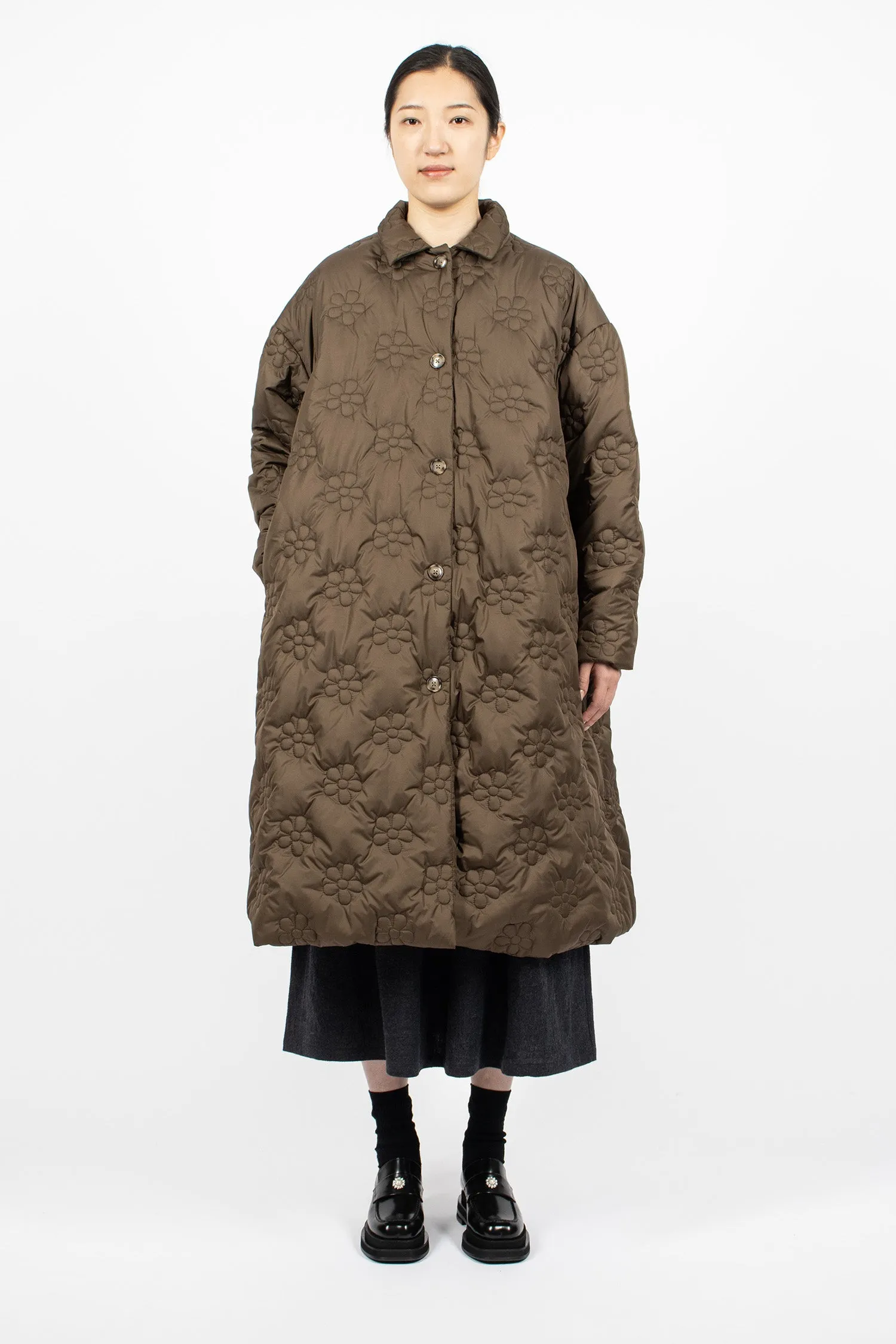 Flower Puff Long Coat Brown