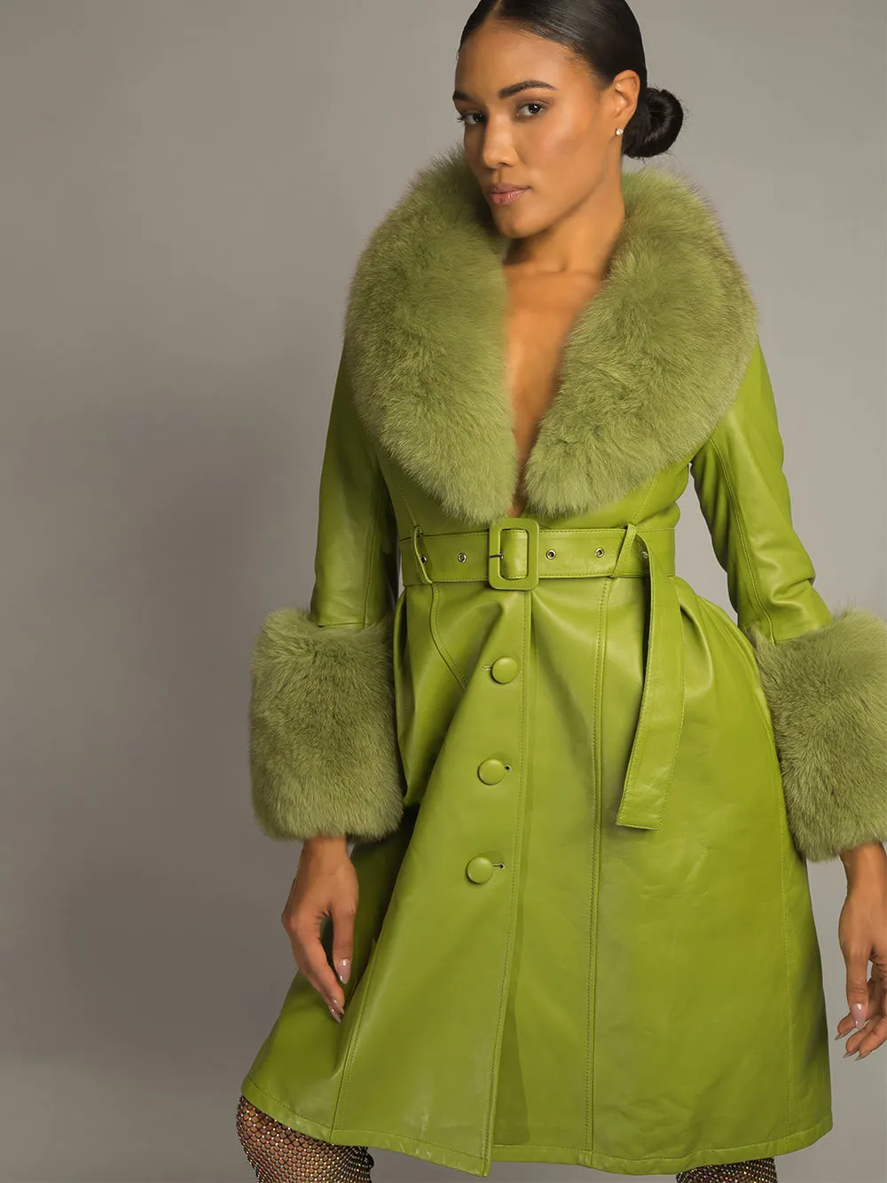 Foxy Leather Coat w/ Fox Fur In Lime Green