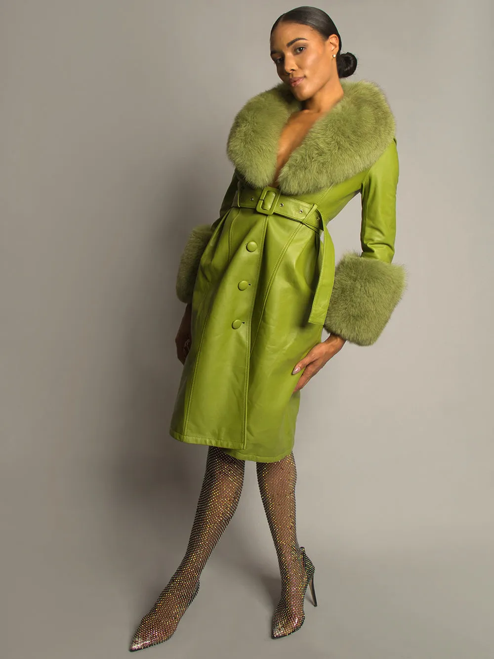 Foxy Leather Coat w/ Fox Fur In Lime Green