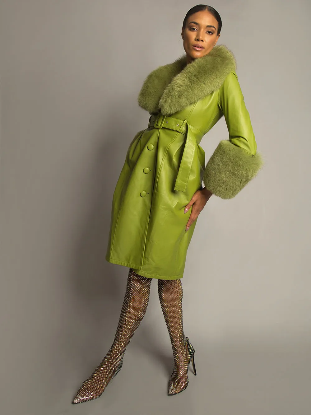 Foxy Leather Coat w/ Fox Fur In Lime Green