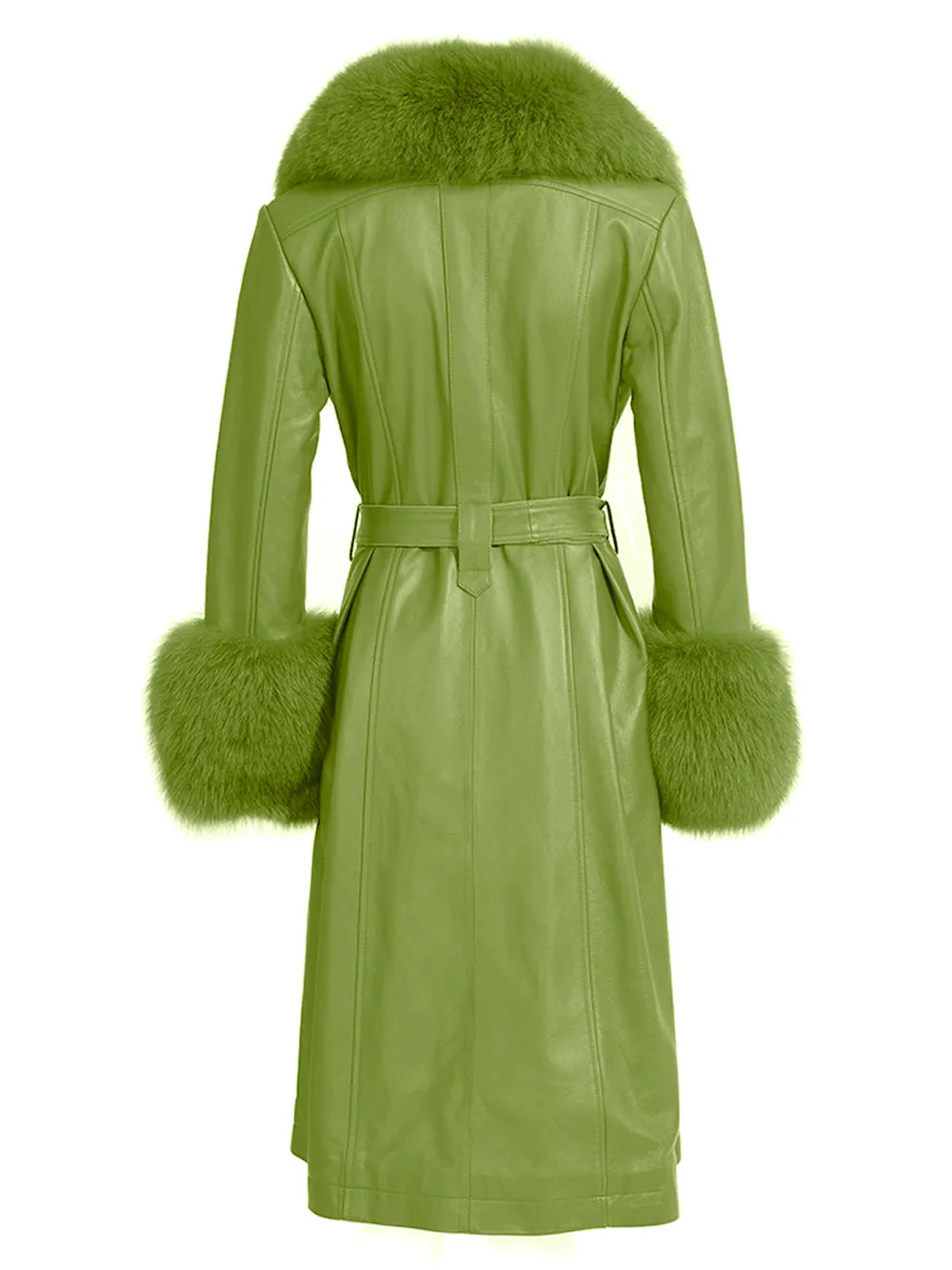 Foxy Leather Coat w/ Fox Fur In Lime Green