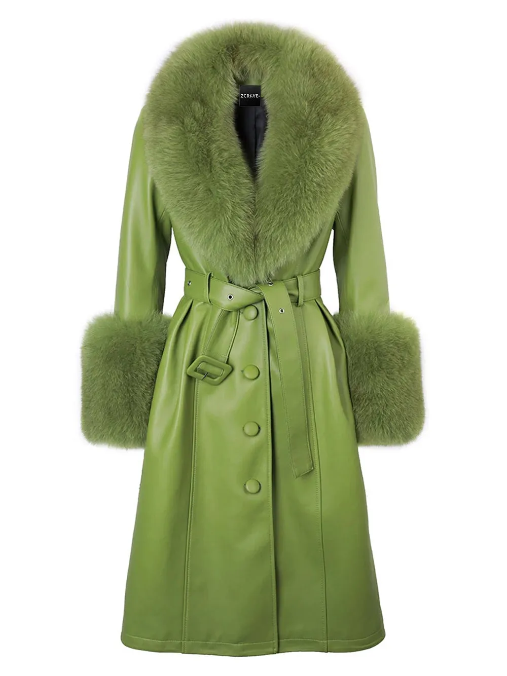 Foxy Leather Coat w/ Fox Fur In Lime Green