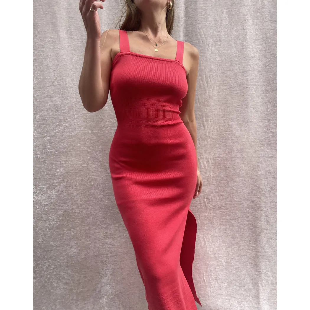 FREJA Bright Red Wide Strap Bodycon Knit Midi Dress