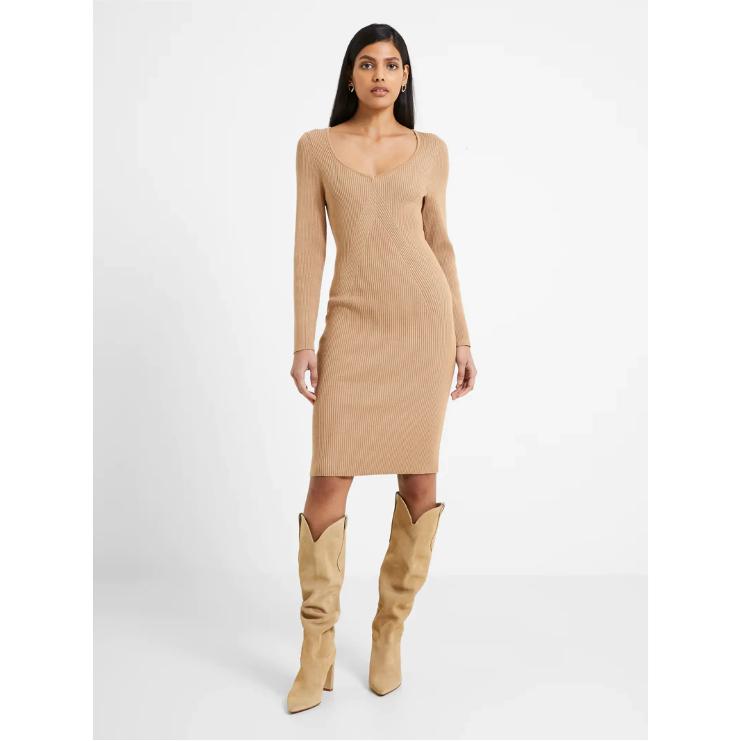 French Connection Mari Knit Dress 71VAF Light Tobacco Brown