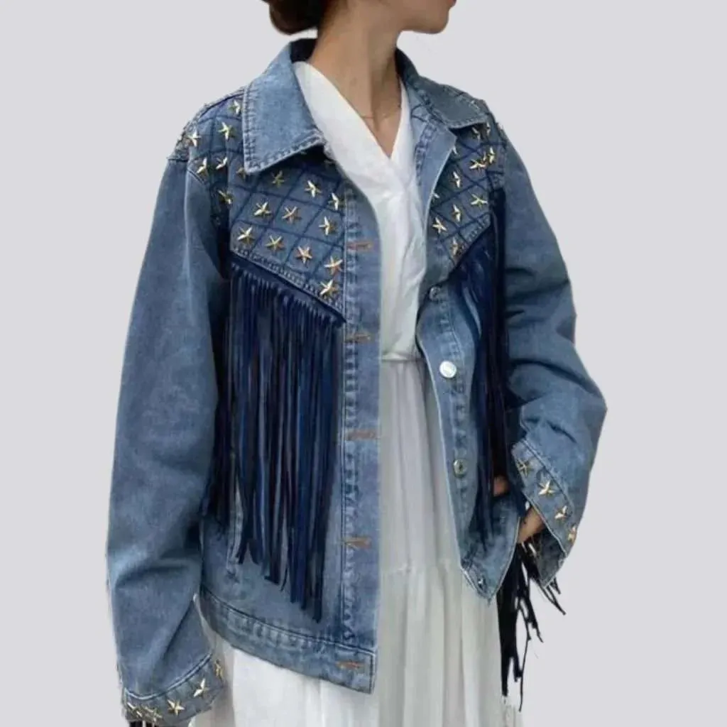 Fringe embellished color denim jacket