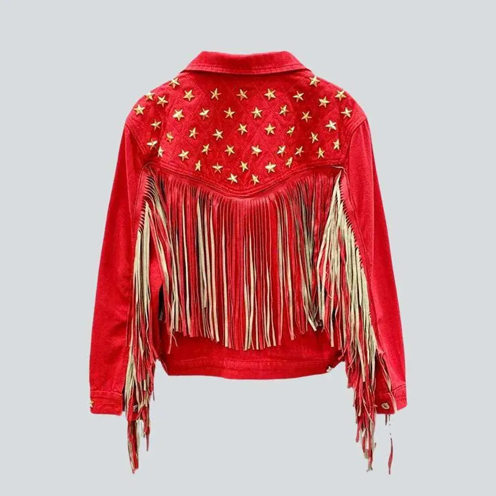 Fringe embellished color denim jacket