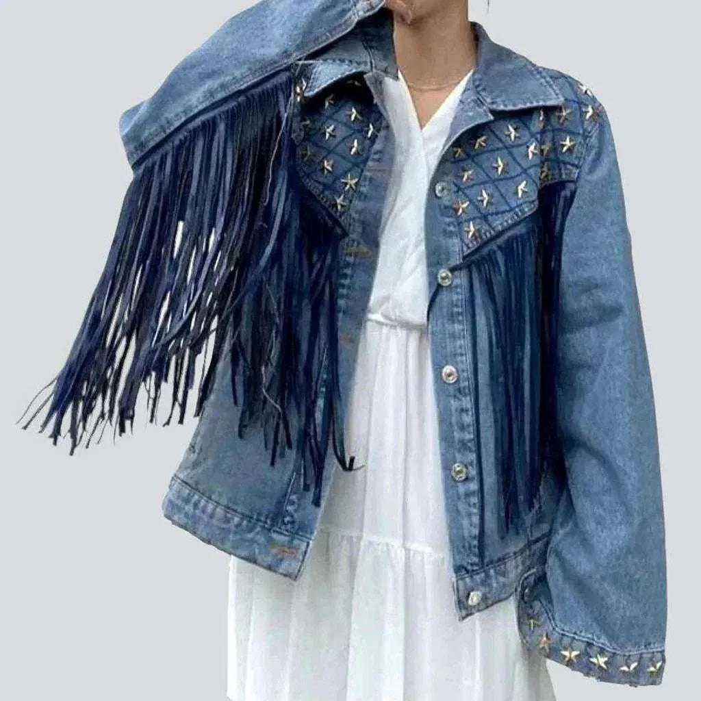 Fringe embellished color denim jacket