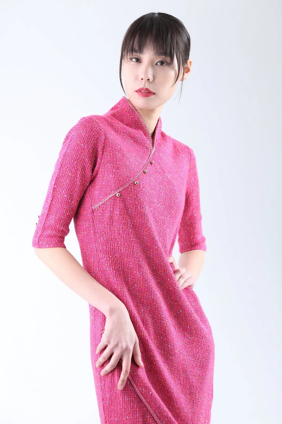 Fuchsia Quarter Sleeves Layered Knit Dress