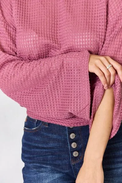 Full Size Waffle-Knit Round Neck Long Sleeve Blouse