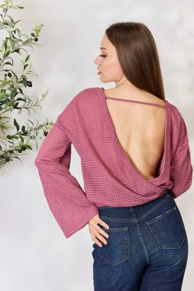 Full Size Waffle-Knit Round Neck Long Sleeve Blouse