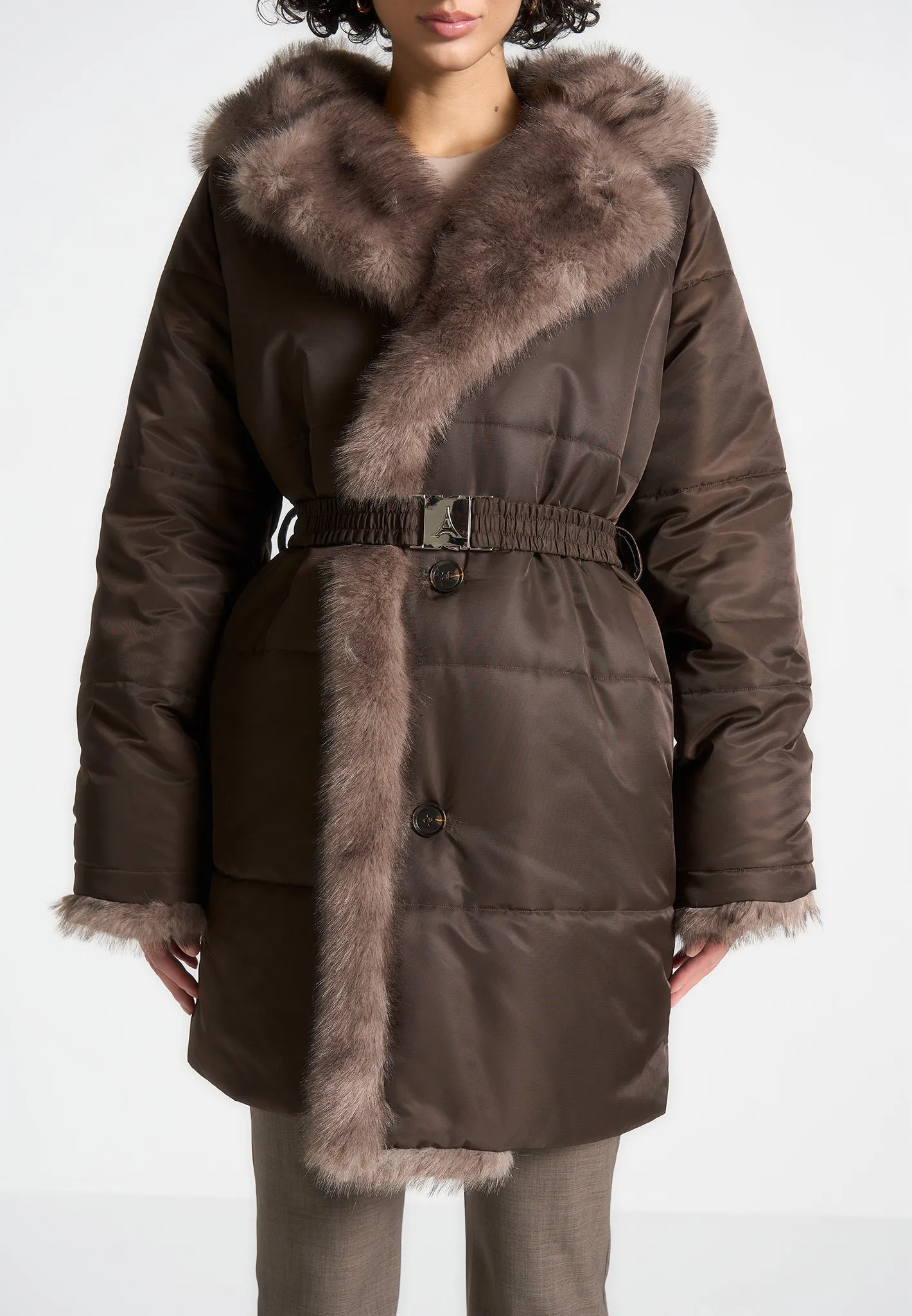 Fur Longline Belted Coat - Brown