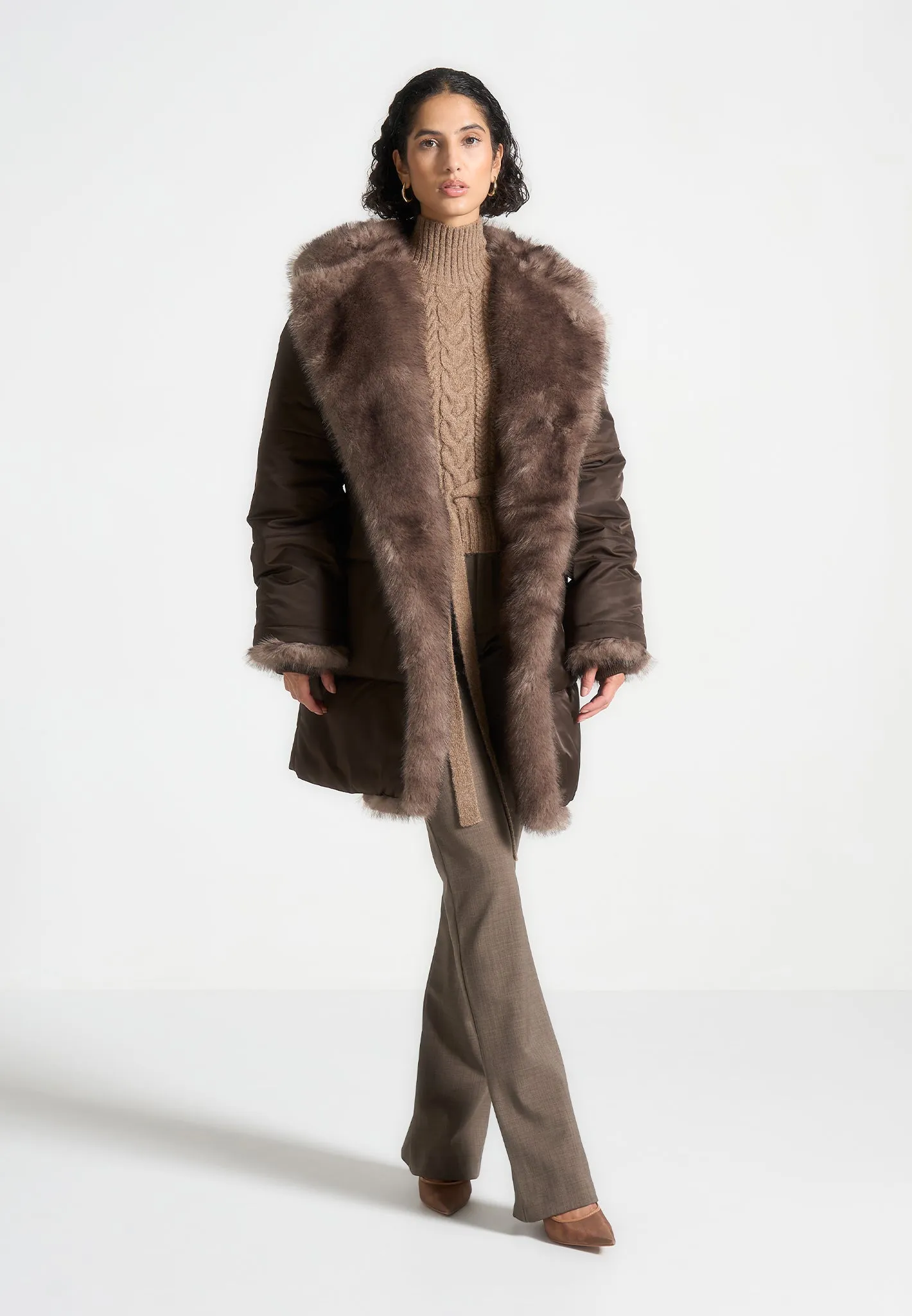 Fur Longline Belted Coat - Brown