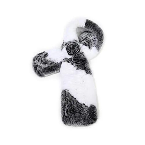 Fur Story Women's Rex Rabbit Fur Scarf Ladies Winter Warm Knitted Flowers Crochet Fashion Scarf Scarves for Women Men(FS19503A-Gray White)