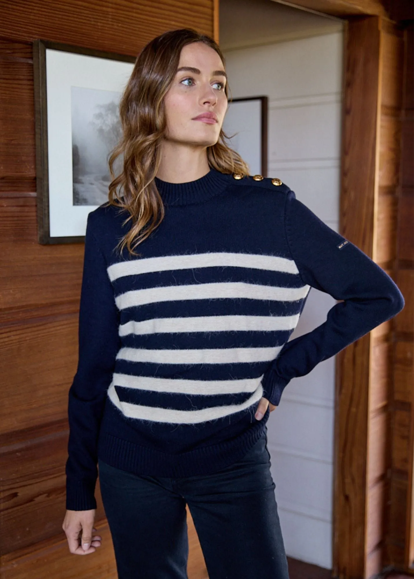 GALA - Striped Sweater With Shank Button Shoulder | 100% Textured Wool (NAVY / IVORY)