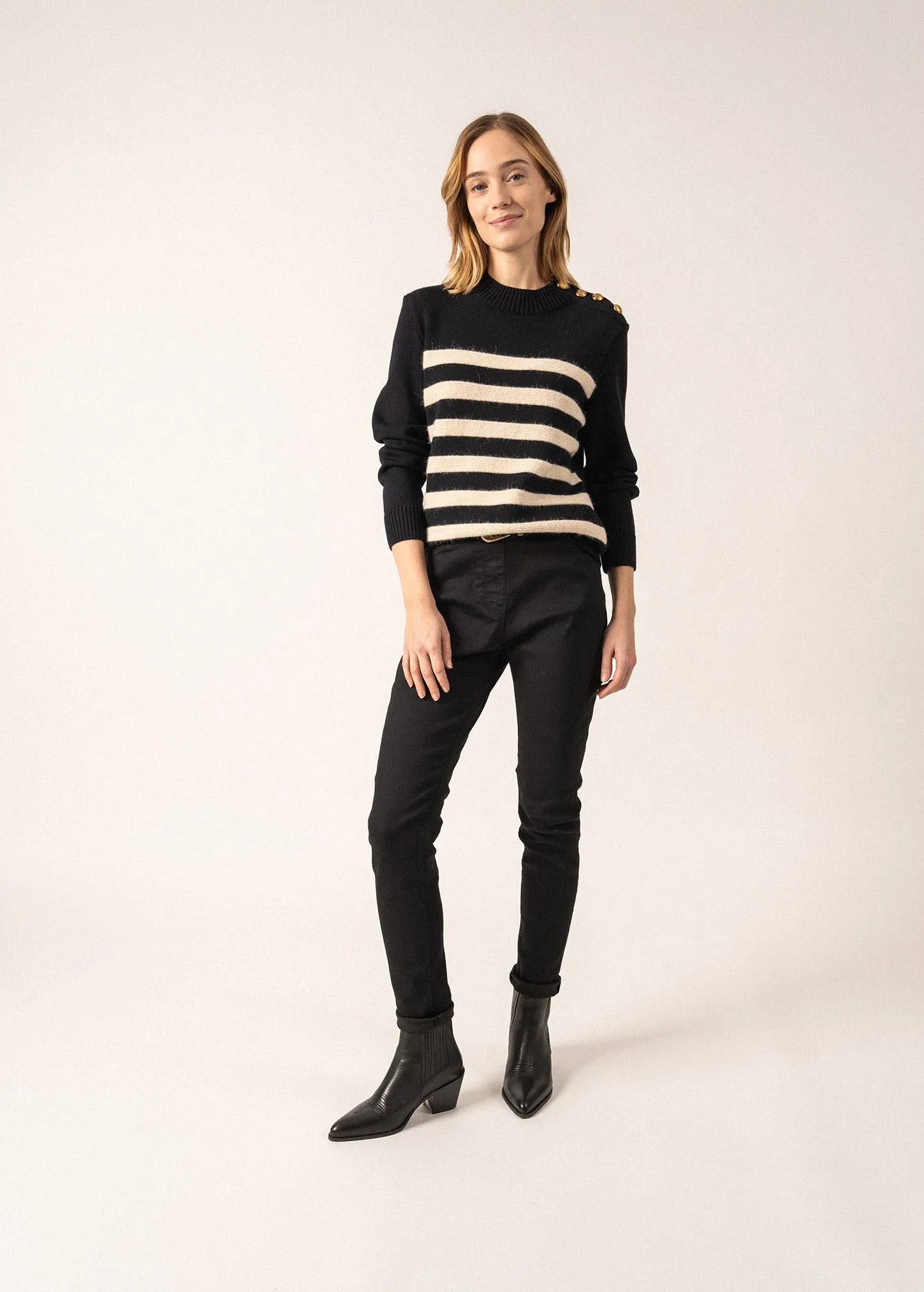 GALA - Striped Sweater With Shank Button Shoulder | 100% Textured Wool (NAVY / IVORY)