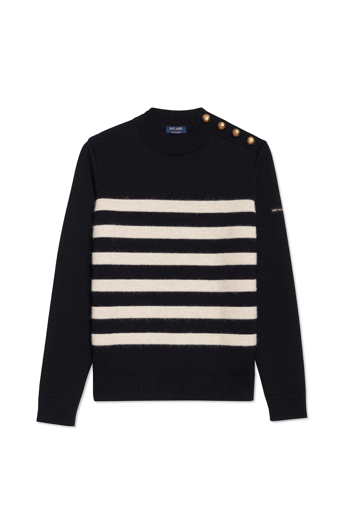 GALA - Striped Sweater With Shank Button Shoulder | 100% Textured Wool (NAVY / IVORY)