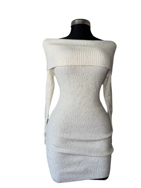 Glitter Cozy Ivory Knit Off-Shoulder Dress