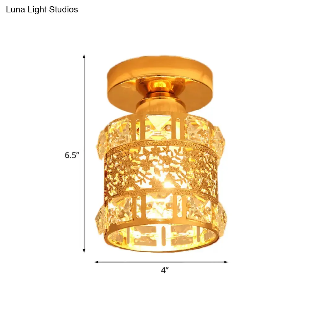 Gold Flush Mount Ceiling Light with Faceted Crystal - Minimalist Cylinder Design, Single Bulb